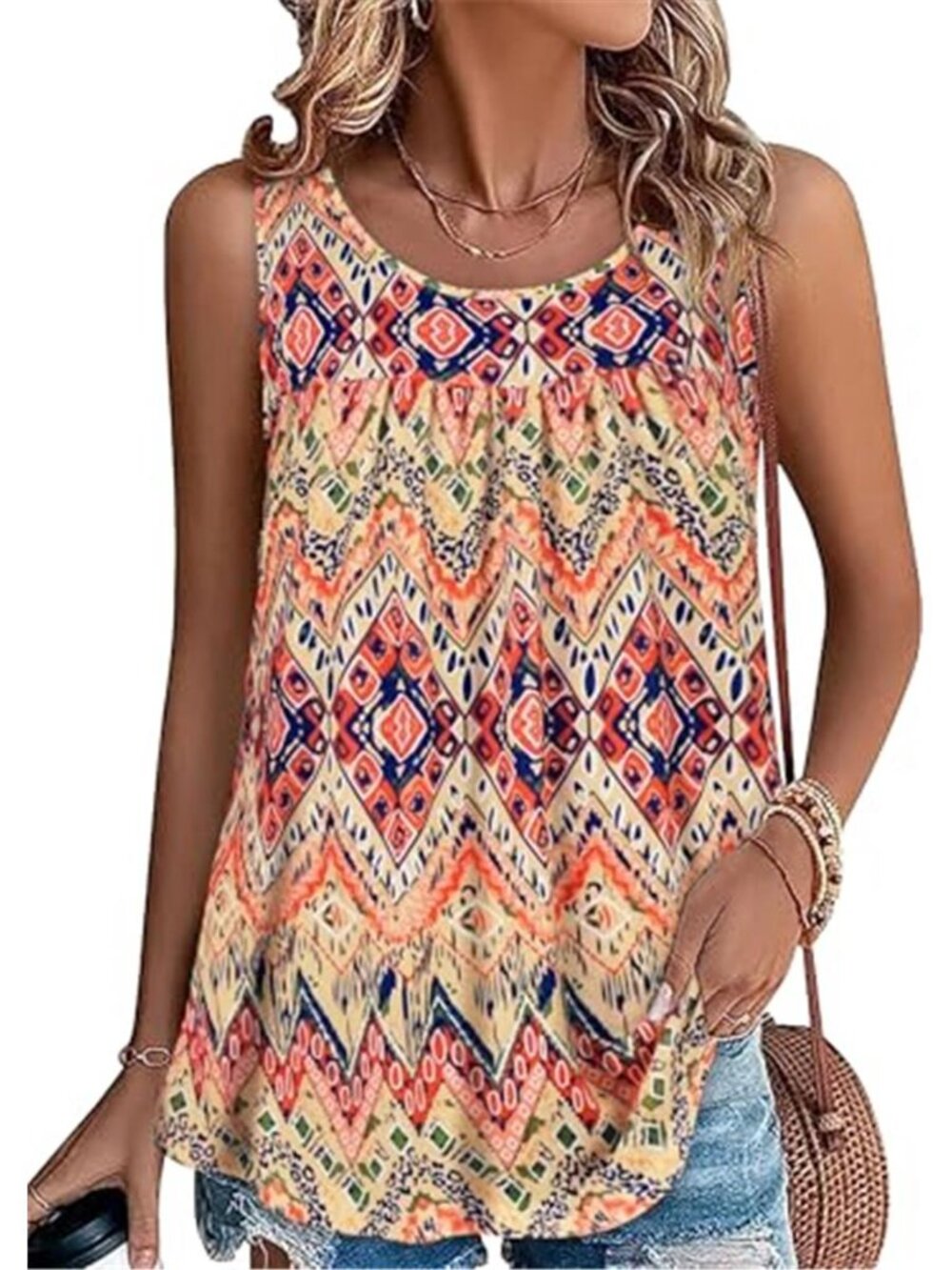 Women's Boho Geometric Print Sleeveless Tunic Tank Top
